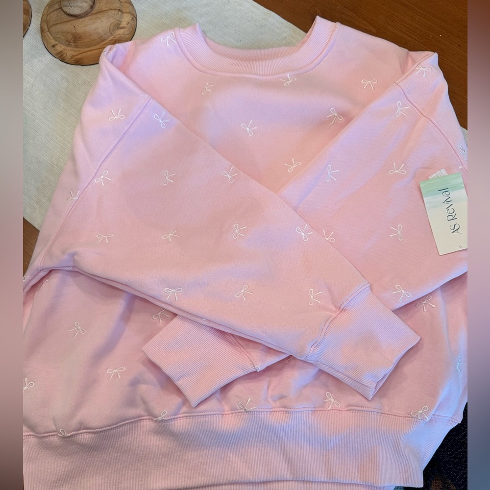 NWT AS Revival brand Pink Sweatshirt with white embroidered Bows Sz. Med